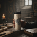Fans Geek Store Game of Thrones Winter Is Coming travel mug with House Stark direwolf sigil held in a rustic room