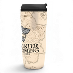 Fans Geek Store Game of Thrones Winter Is Coming travel mug with House Stark wolf sigil and map design