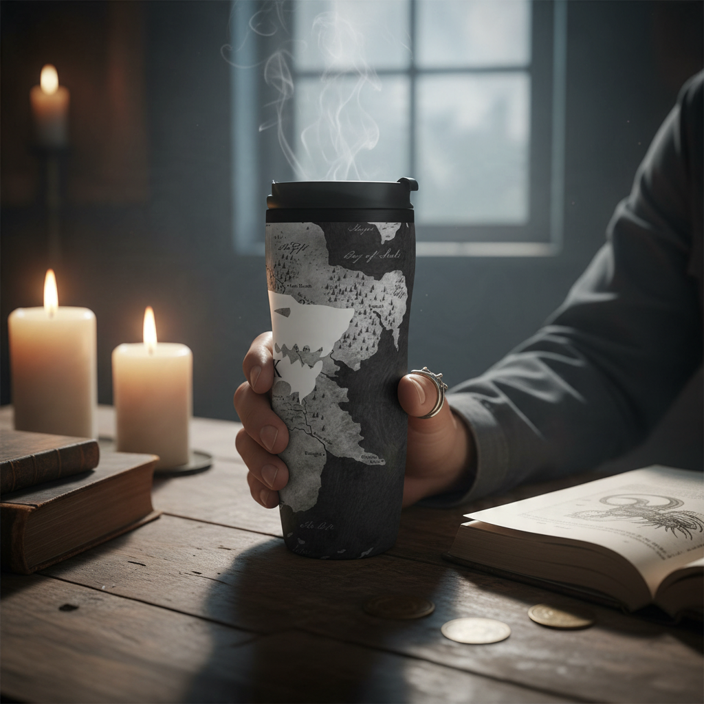 Fans Geek Store Game of Thrones Winter Is Here travel mug with map design held in hand on a rustic wooden table