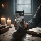 Fans Geek Store Game of Thrones Winter Is Here travel mug with map design held in hand on a rustic wooden table