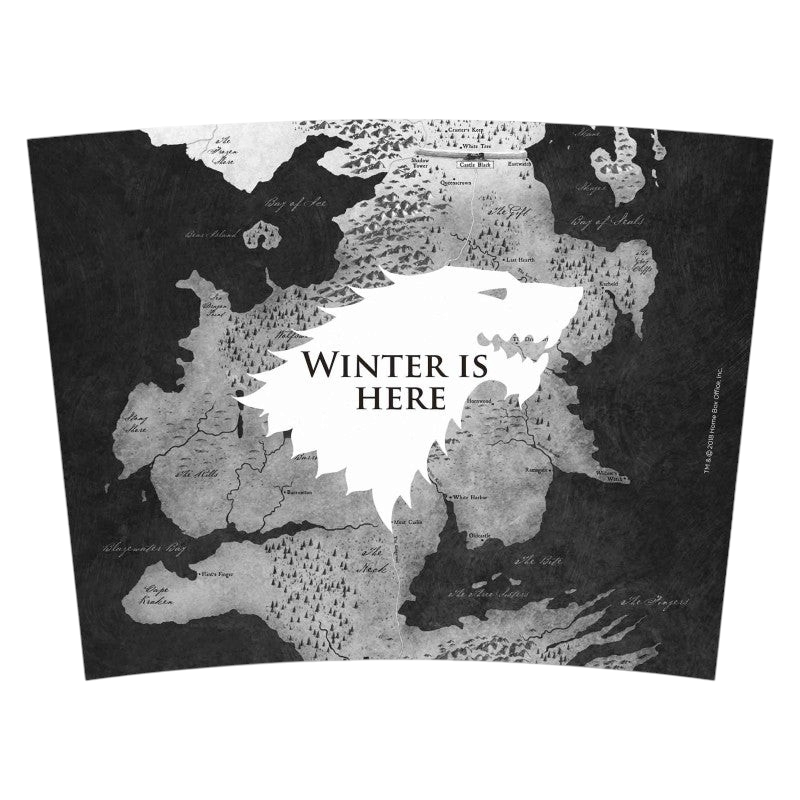 Fans Geek Store Game of Thrones travel mug featuring a Westeros map and Winter Is Here wolf sigil design