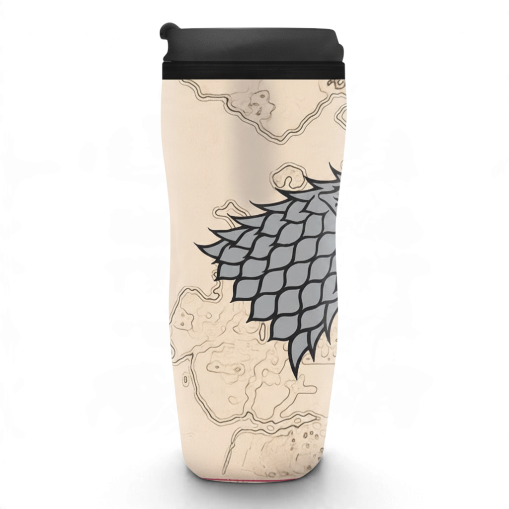 Fans Geek Store Game of Thrones travel mug featuring a House Stark direwolf sigil on a beige map background