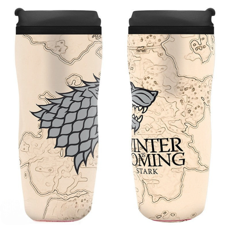Fans Geek Store Game of Thrones travel mug featuring House Stark direwolf sigil and Winter Is Coming map design