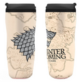 Fans Geek Store Game of Thrones travel mug featuring House Stark direwolf sigil and Winter Is Coming map design