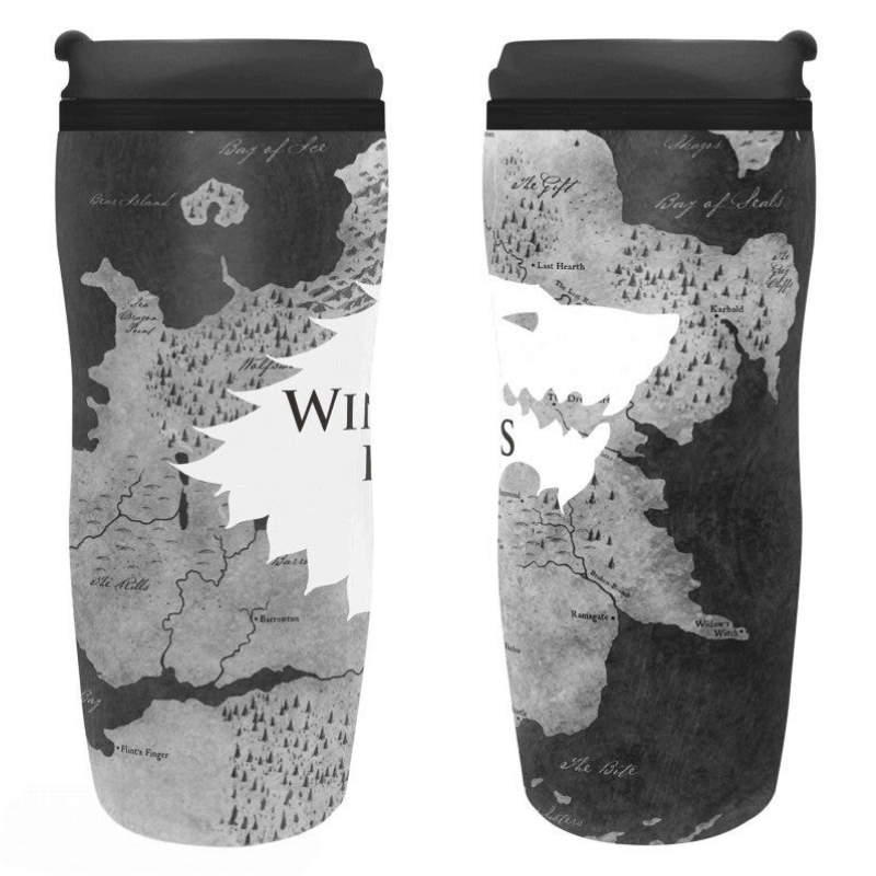Fans Geek Store Game of Thrones travel mug featuring a black and white map of Westeros and Winter Is Here design