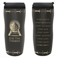Fans Geek Store Game of Thrones travel mug with Iron Throne graphic and quote, black insulated plastic, 355ml capacity