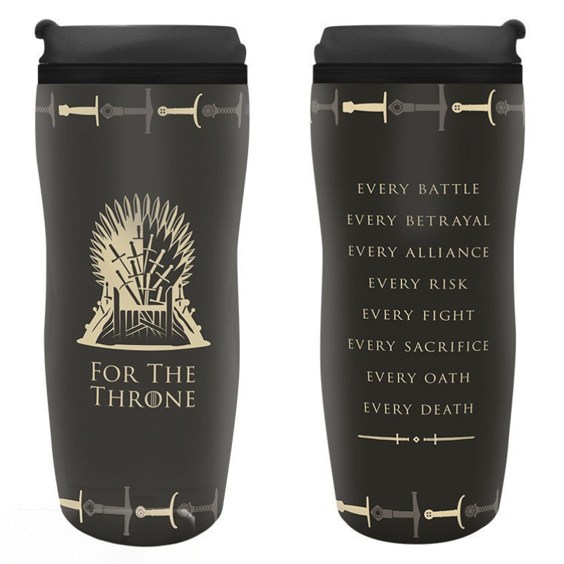 Fans Geek Store Game of Thrones travel mug with Iron Throne graphic and quote, black insulated plastic, 355ml capacity