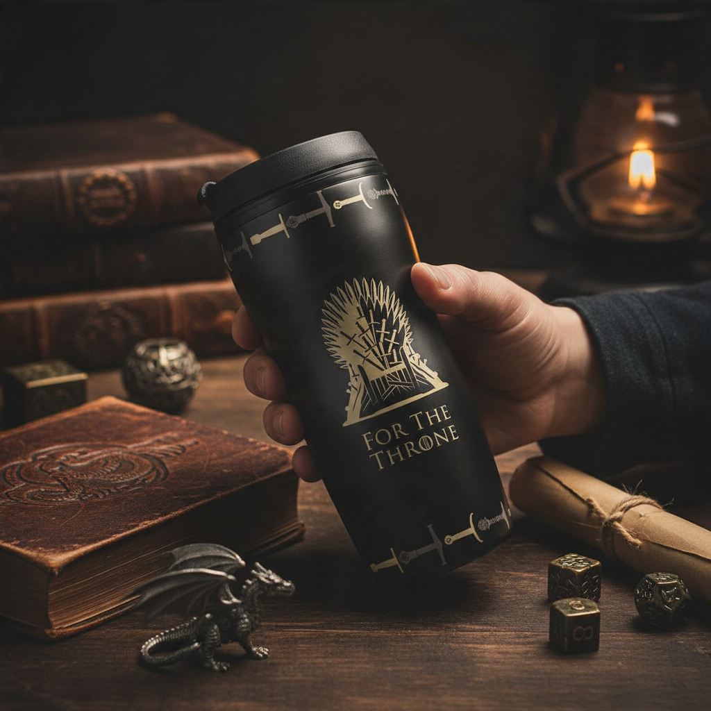 Fans Geek Store Game of Thrones travel mug featuring the Iron Throne and For The Throne text on a black background