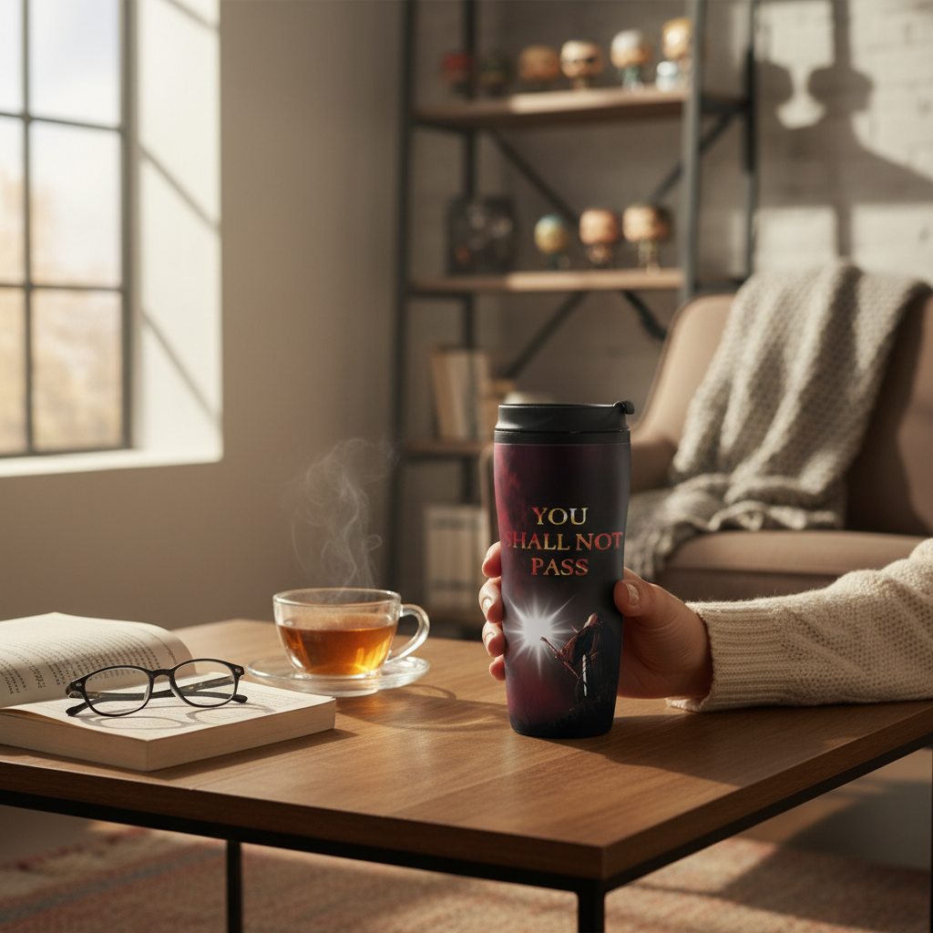 Fans Geek Store Lord of the Rings Gandalf You Shall Not Pass travel mug held in hand on a cozy wooden table