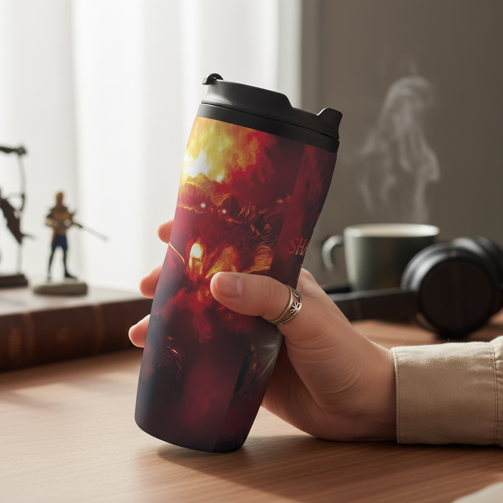 Fans Geek Store Lord of the Rings Gandalf travel mug with You Shall Not Pass design held in a hand