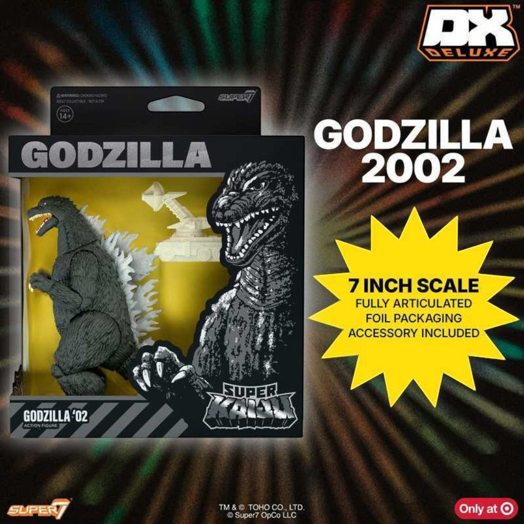 Fans Geek Store Super7 Godzilla 2002 Super Kaiju action figure in window box packaging with included accessory.