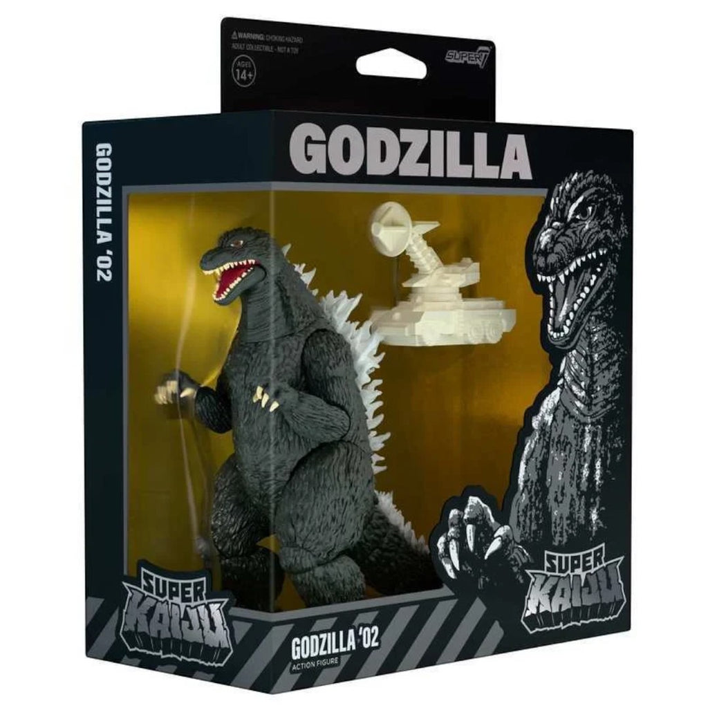 Fans Geek Store Godzilla 2002 Super Kaiju vinyl action figure in window box packaging with detailed monster design.