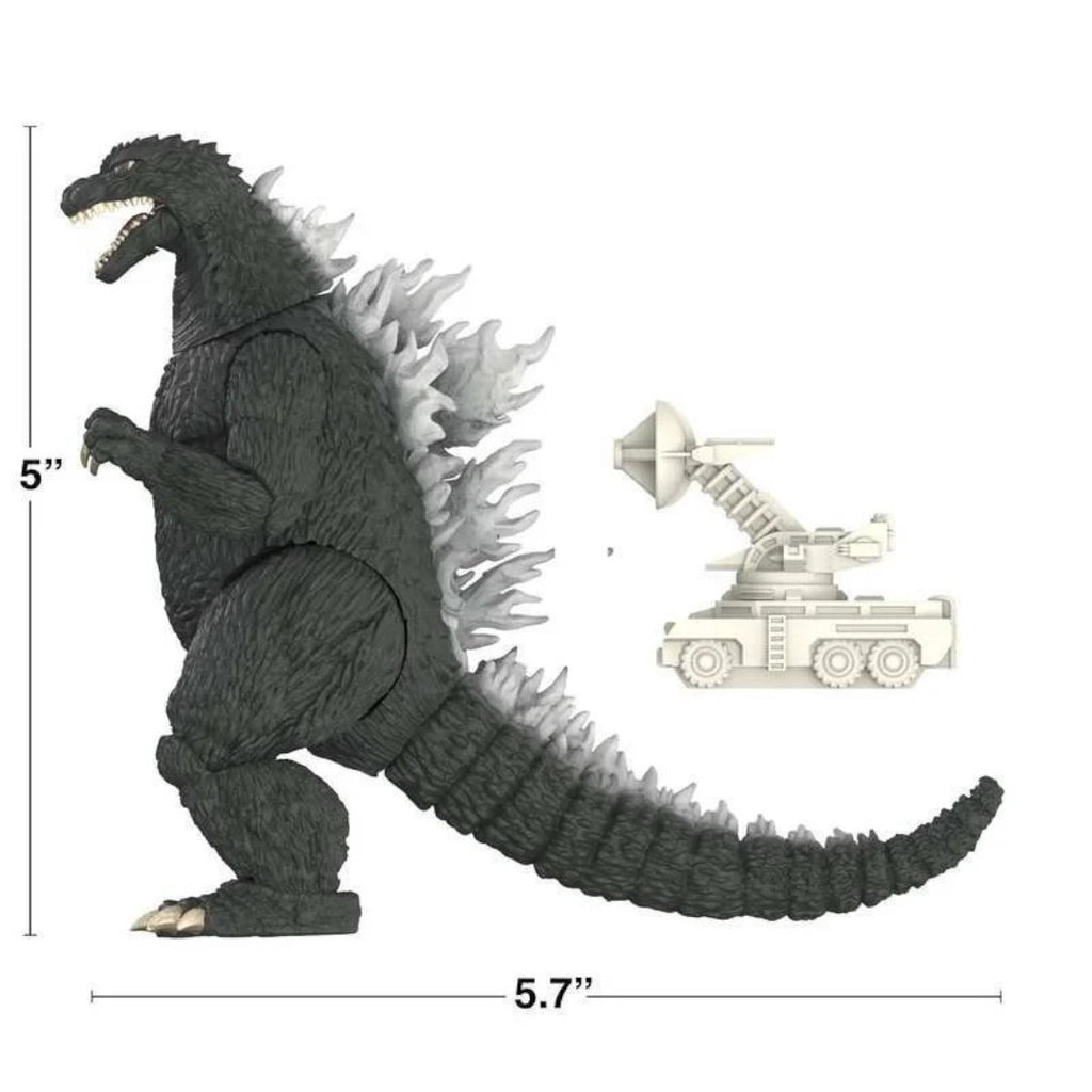 Fans Geek Store Godzilla 2002 Super Kaiju vinyl action figure with articulated joints and radar vehicle accessory.