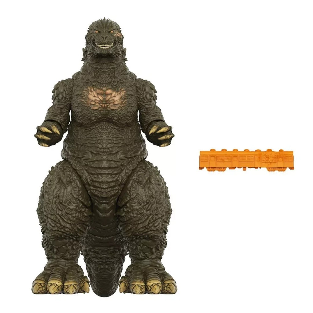 Fans Geek Store Godzilla Minus One Super Kaiju action figure with textured dark skin and a miniature train accessory.