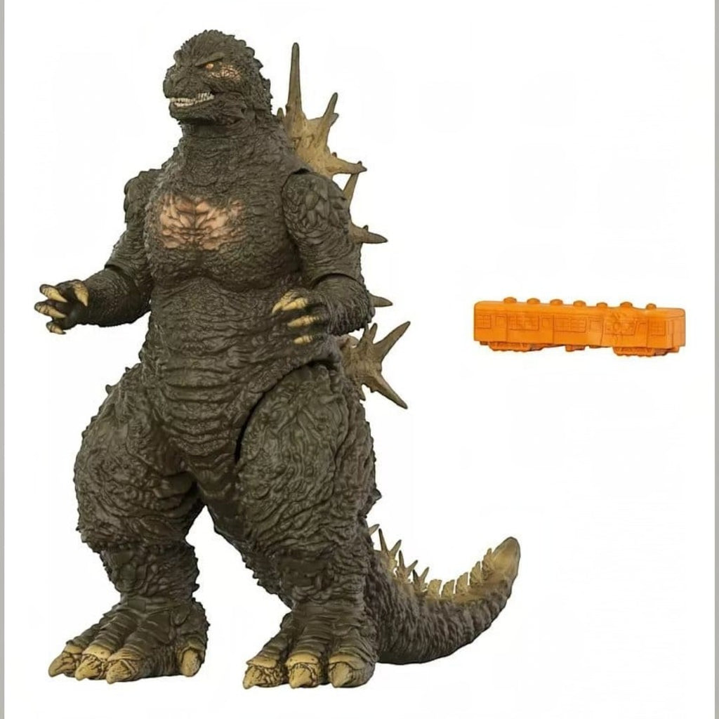 Fans Geek Store Godzilla Minus One Super Kaiju action figure with textured dark skin and orange train accessory
