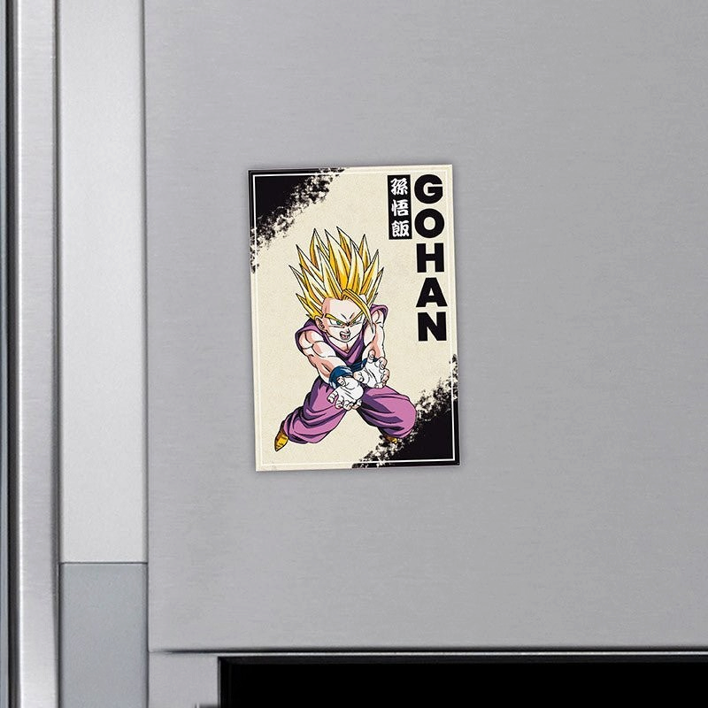 Fans Geek Store Dragon Ball Z Gohan magnet with matte finish featuring Super Saiyan Gohan on a refrigerator surface