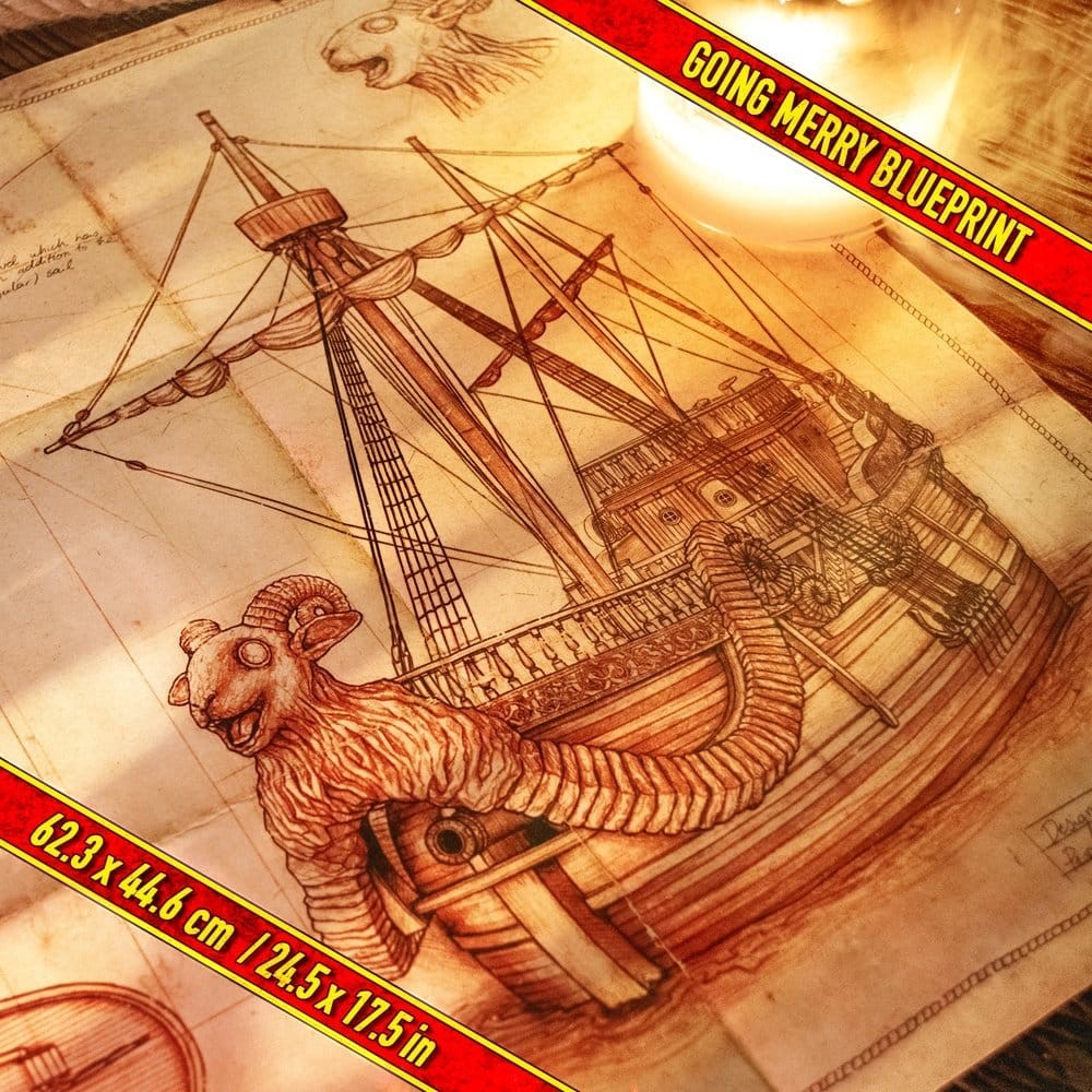 Fans Geek Store One Piece Going Merry ship blueprint on aged parchment paper with detailed technical drawings