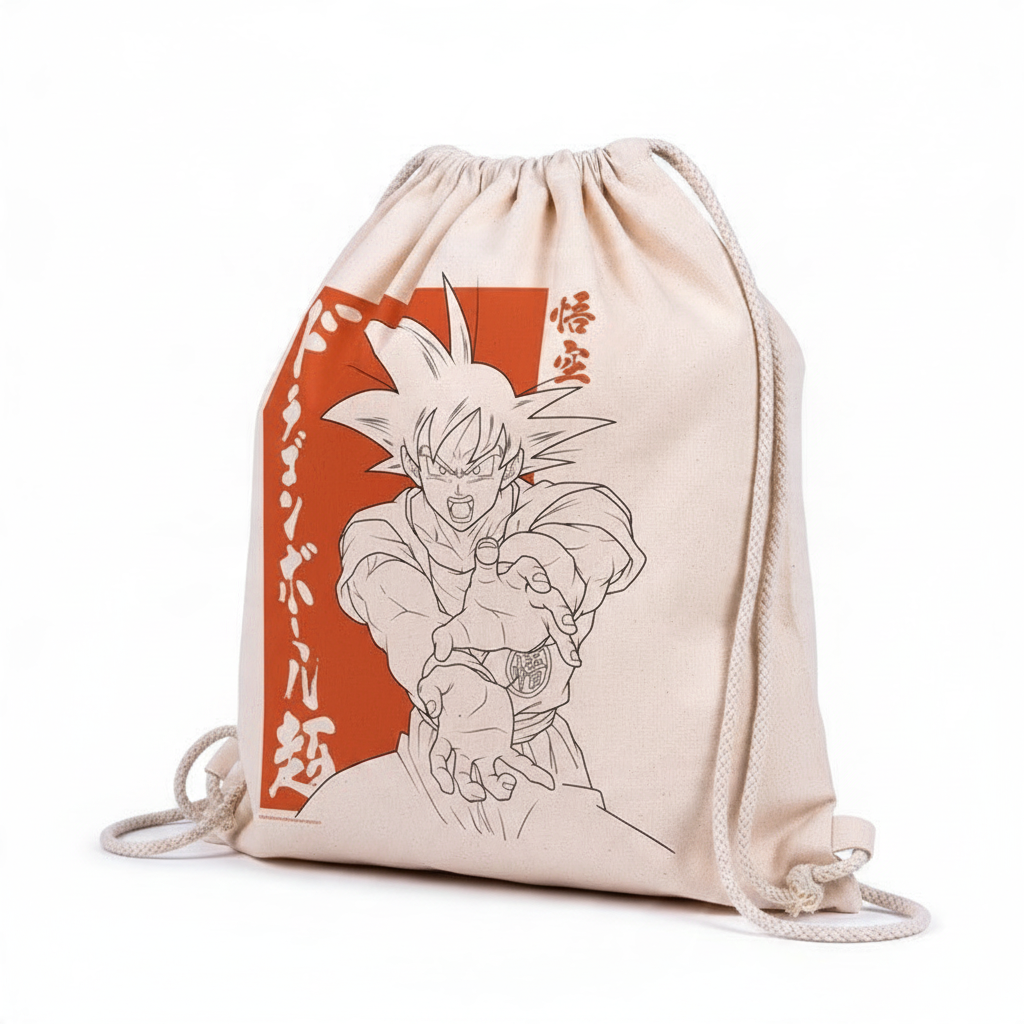 Fans Geek Store beige cotton drawstring gym bag featuring a red Dragon Ball Super Goku graphic print