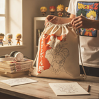 Fans Geek Store beige cotton drawstring gym bag featuring a Goku graphic from Dragon Ball Super on a wooden desk.