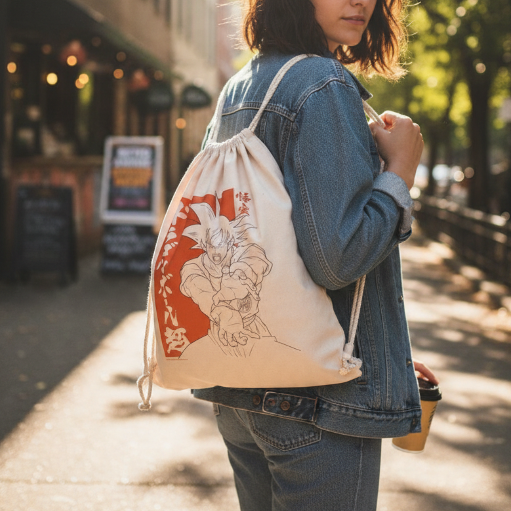 Fans Geek Store beige cotton gym bag with a Dragon Ball Super Goku print worn by a person in a denim jacket