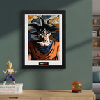 Fans Geek Store framed Dragon Ball Goku poster on a green wall above a wooden desk with a Vegeta figure and dragon ball