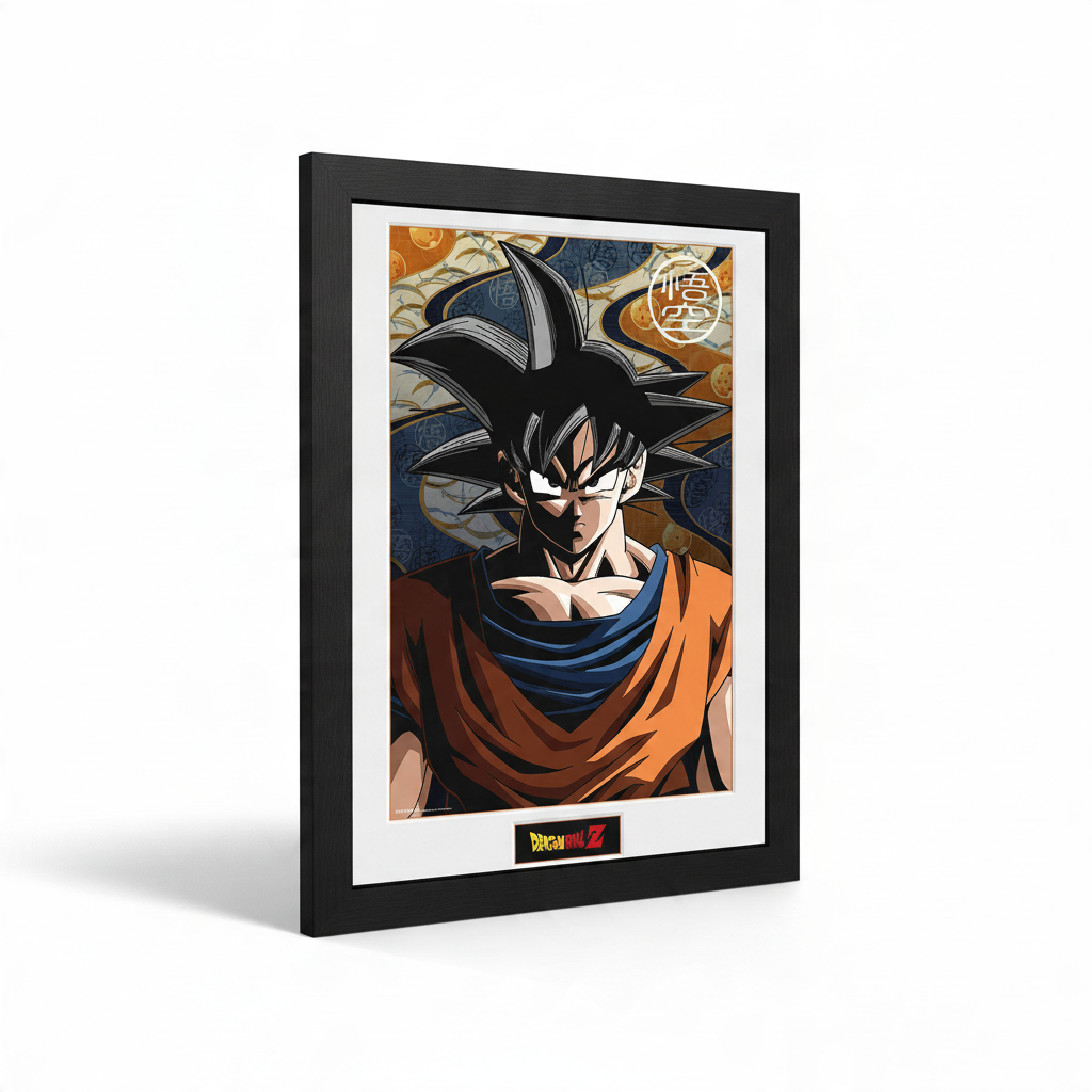 Fans Geek Store framed Dragon Ball poster featuring Goku in a black frame with a protective styrene window