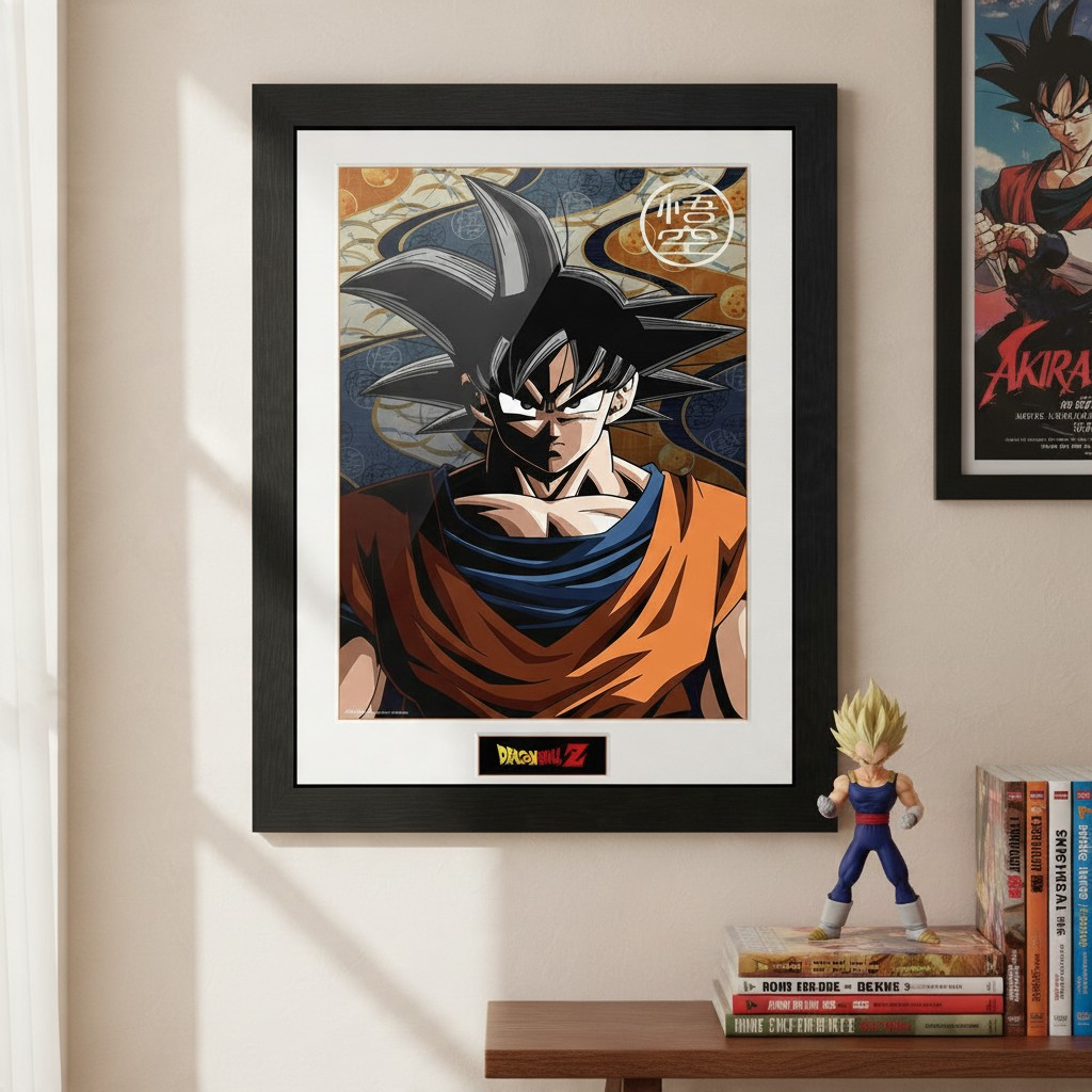 Fans Geek Store framed Dragon Ball Goku poster with black frame hanging on a wall above a Vegeta figure