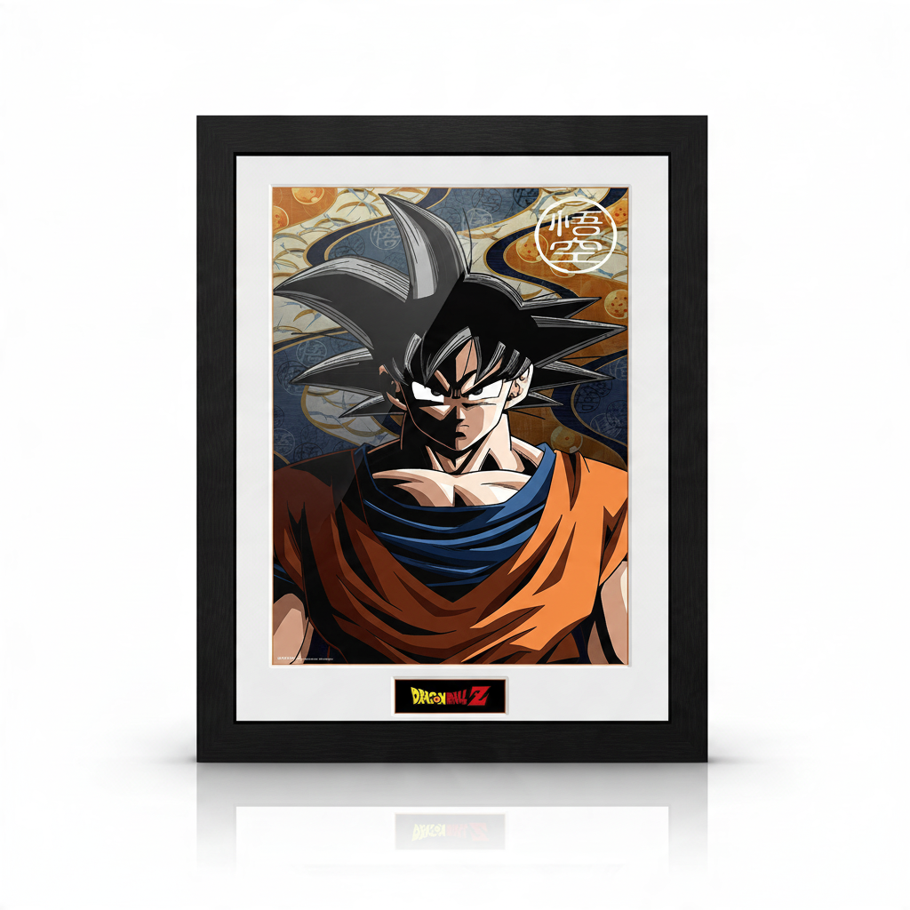 Fans Geek Store framed Dragon Ball poster featuring Goku in a black frame with a white mat and protective styrene.