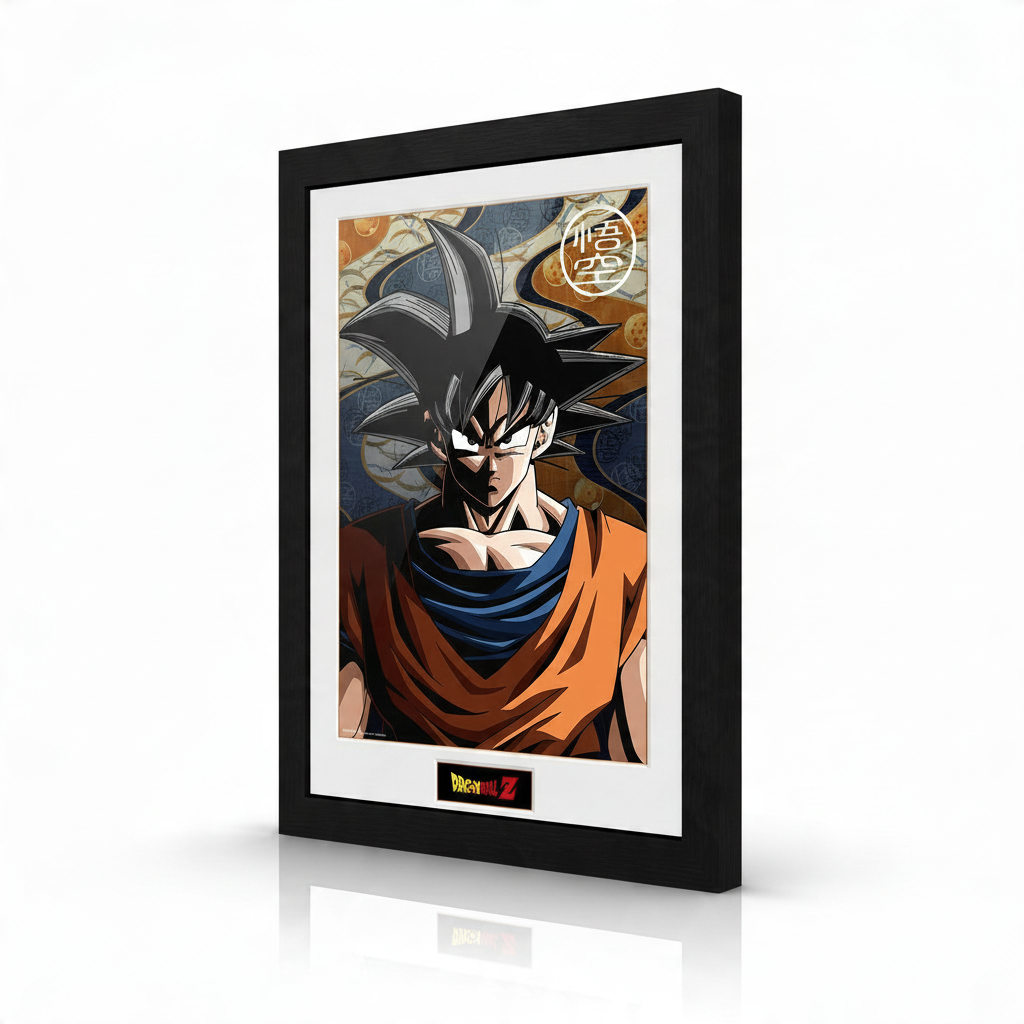Fans Geek Store framed Dragon Ball Goku poster with black frame and white matting on a white background