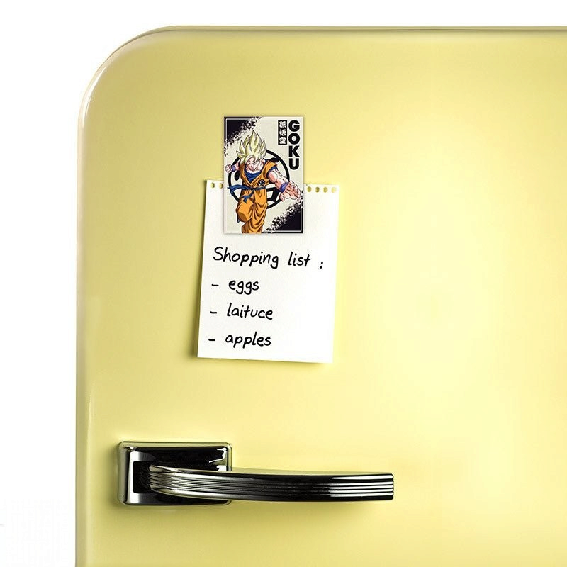 Fans Geek Store rectangular Dragon Ball Z Goku magnet holding a shopping list on a yellow retro refrigerator