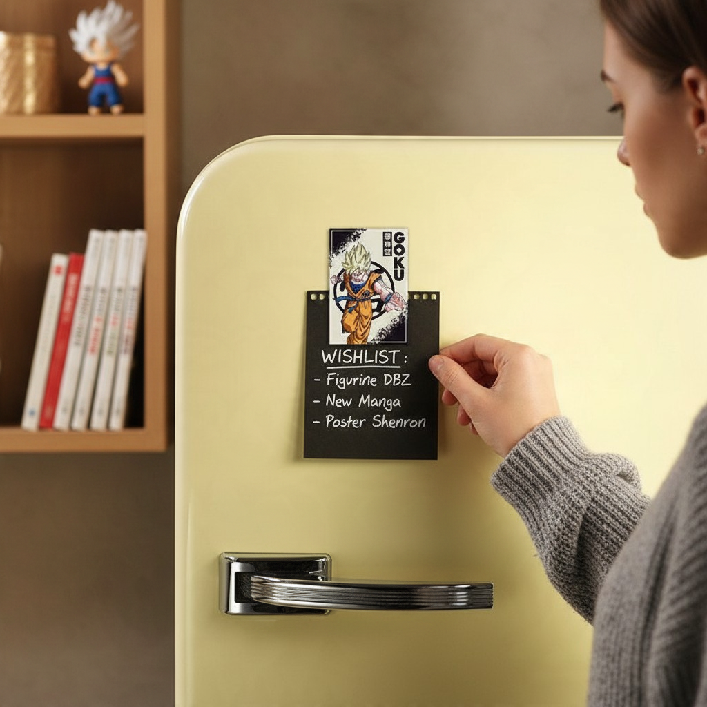 Fans Geek Store Dragon Ball Z Goku magnet holding a wishlist note on a vintage cream refrigerator