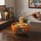 Fans Geek Store orange Dragon Ball Z Goku ramen bowl with Japanese symbol, filled with steaming noodles and toppings