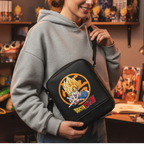 Fans Geek Store black Dragon Ball Z Goku shoulder bag with adjustable strap worn by a person in a casual setting