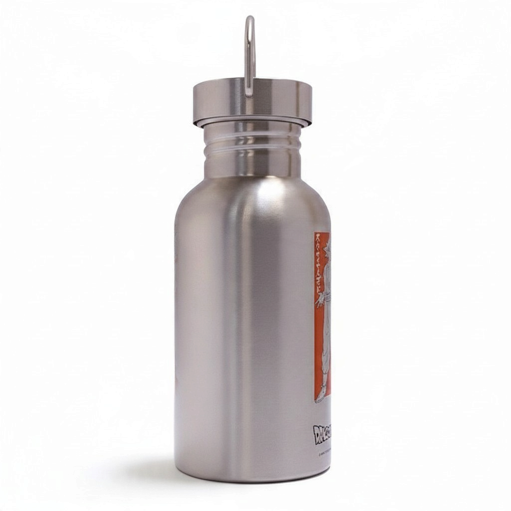 Fans Geek Store stainless steel Dragon Ball Super water bottle featuring Goku, 500ml capacity with metal carry loop.