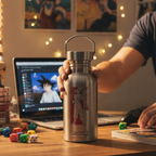 Fans Geek Store stainless steel Dragon Ball Super water bottle featuring Goku, held on a desk with gaming decor.