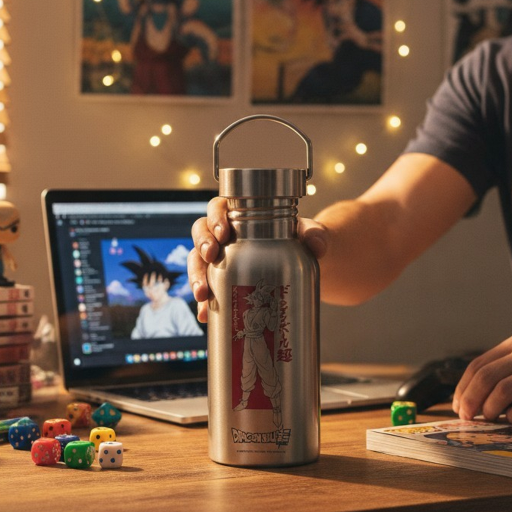 Fans Geek Store stainless steel Dragon Ball Super water bottle featuring Goku, held on a desk with gaming decor.