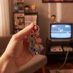 Fans Geek Store metal Dragon Ball Z Goku Super Saiyan keychain held in hand with gaming room background