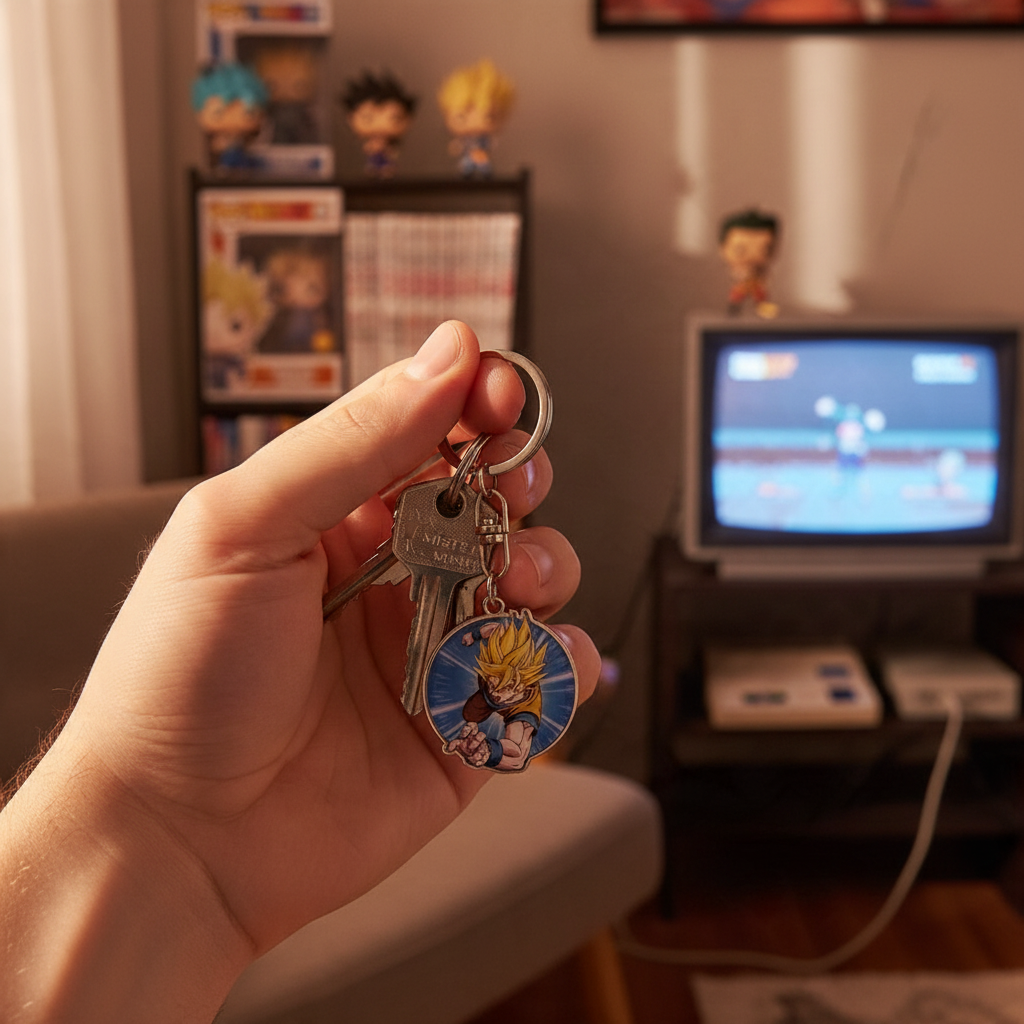 Fans Geek Store metal Dragon Ball Z Goku Super Saiyan keychain held in hand with gaming room background