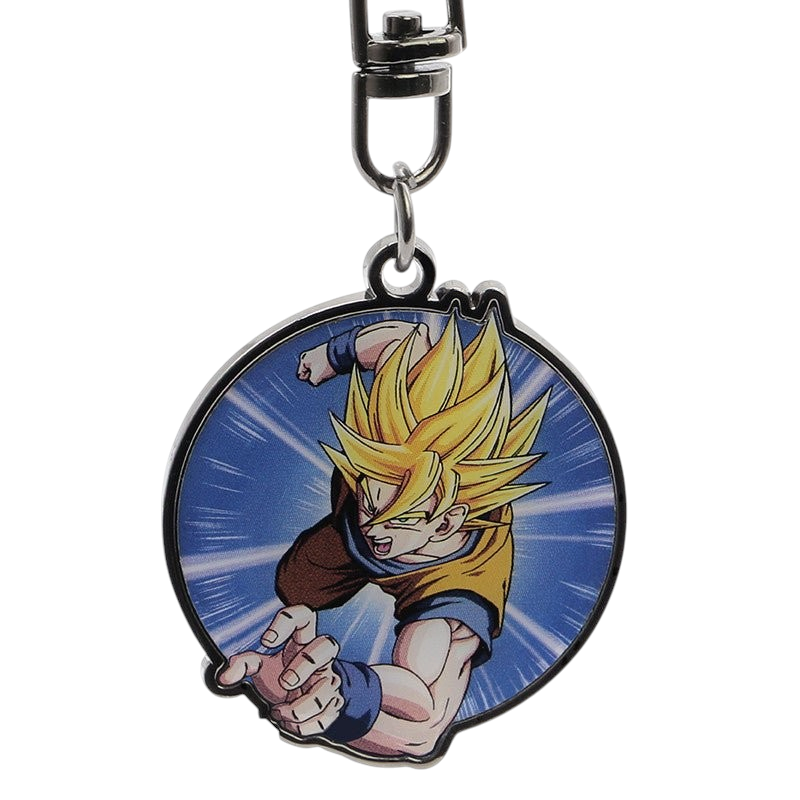 Fans Geek Store metal Dragon Ball Z keychain featuring Goku in Super Saiyan form with a blue speed line background.