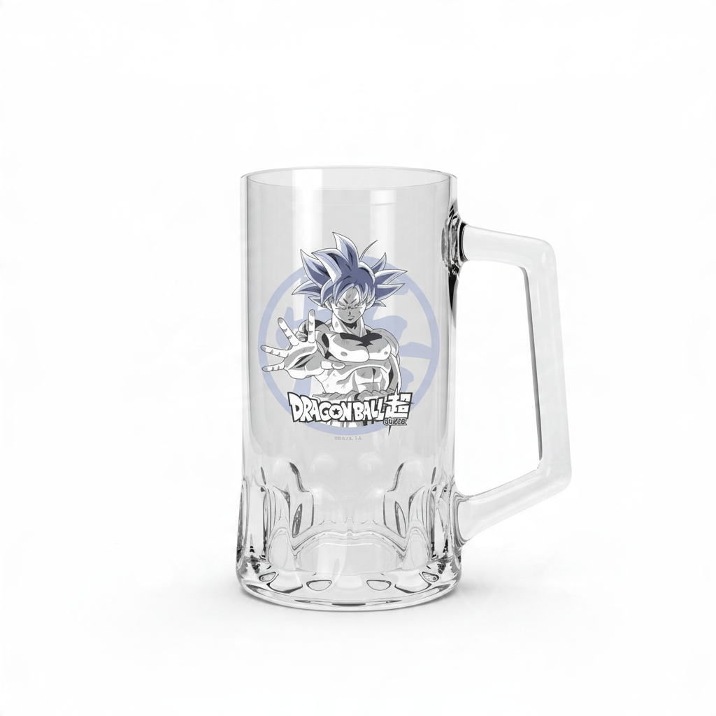 Fans Geek Store Dragon Ball Super Goku Ultra Instinct glass beer mug with 500ml capacity and anime graphic print