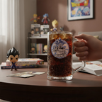 Fans Geek Store Dragon Ball Super Goku Ultra Instinct glass beer mug filled with soda on a wooden table