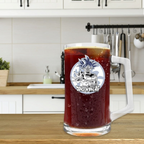 Fans Geek Store Dragon Ball Super Goku Ultra Instinct glass beer mug filled with dark drink on a wooden kitchen table