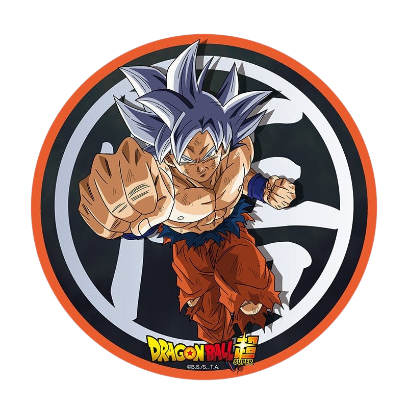 Fans Geek Store round Dragon Ball Super mouse pad featuring Goku in his Ultra Instinct form with a woven textile top.