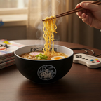 Fans Geek Store Dragon Ball Super Goku Ultra Instinct ceramic ramen bowl filled with steaming noodles and chopsticks