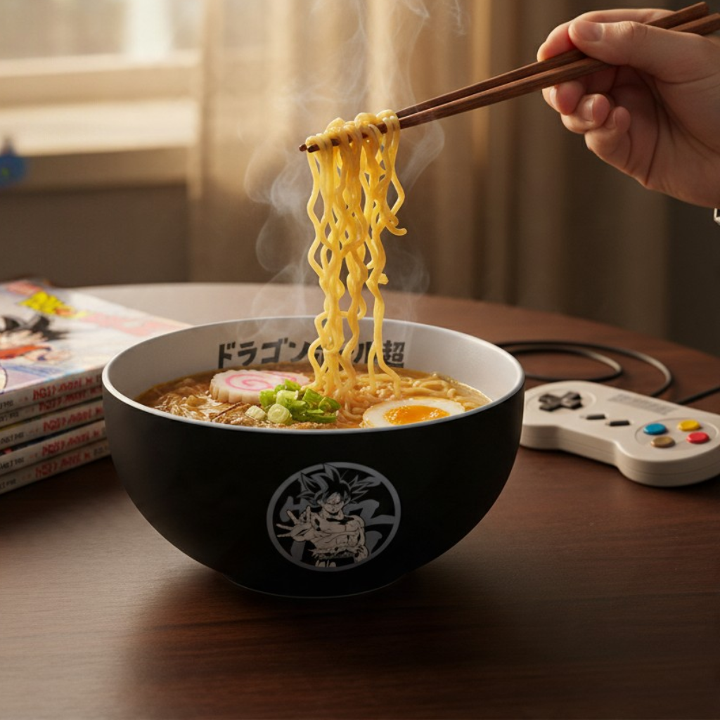 Fans Geek Store Dragon Ball Super Goku Ultra Instinct ceramic ramen bowl filled with steaming noodles and chopsticks