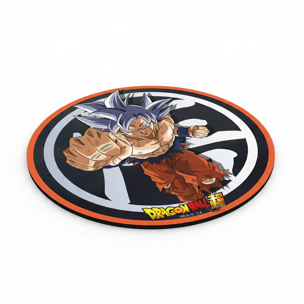 Fans Geek Store round Dragon Ball Super mousepad featuring Goku in Ultra Instinct form with a non-slip rubber base