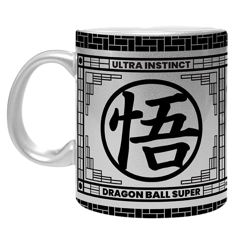Fans Geek Store Dragon Ball Super Ultra Instinct Goku ceramic mug with a metallic silver finish and black kanji design