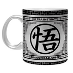 Fans Geek Store Dragon Ball Super Ultra Instinct Goku ceramic mug with a metallic silver finish and black kanji design