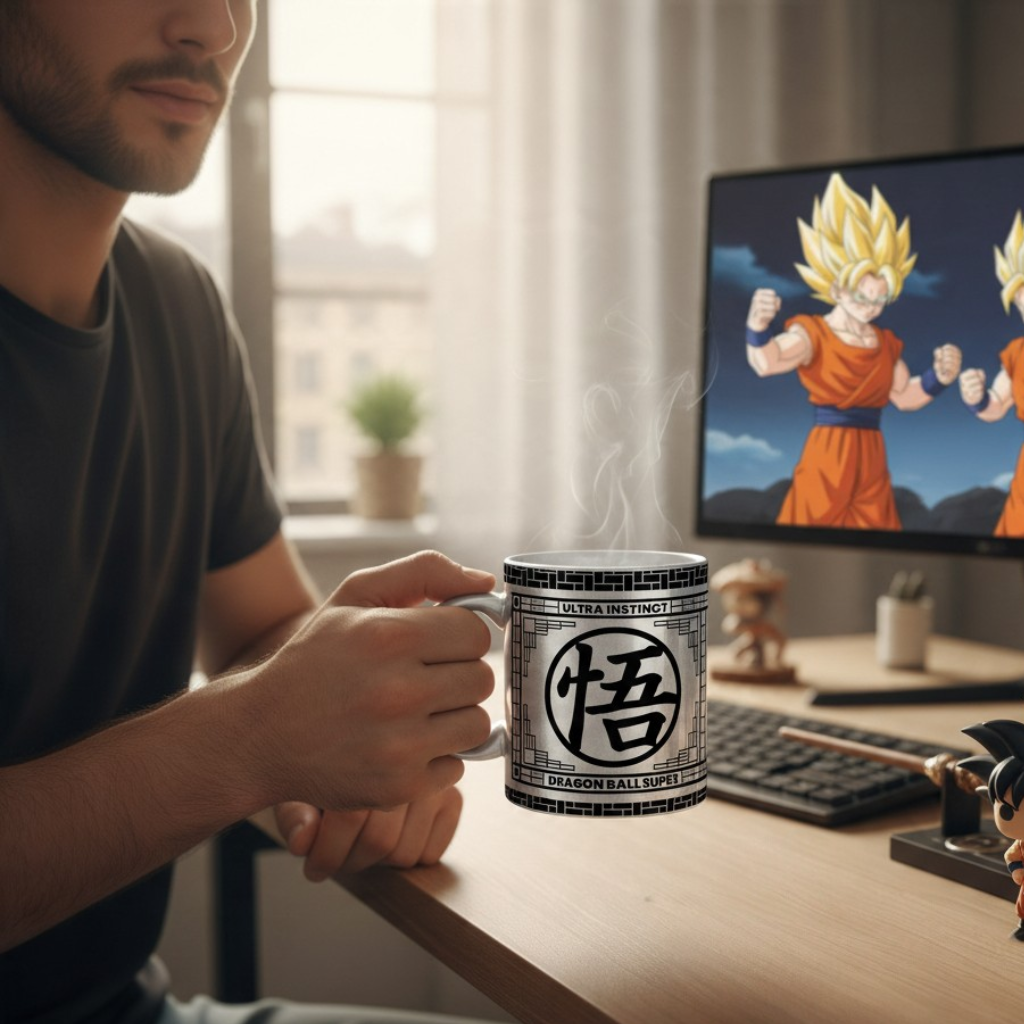 Fans Geek Store Dragon Ball Super Ultra Instinct Goku ceramic mug with a metallic silver finish held by a man