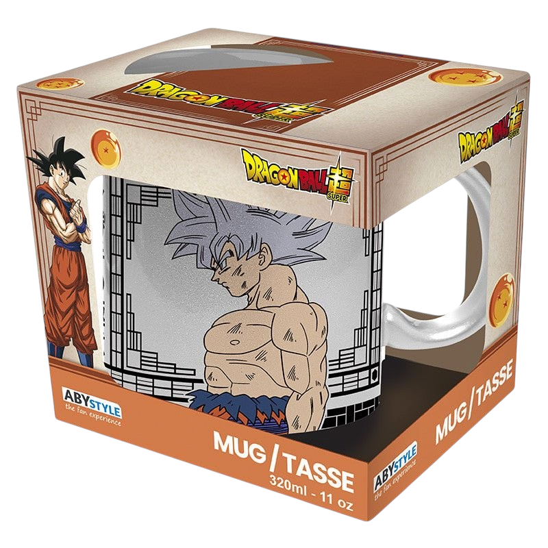 Fans Geek Store Dragon Ball Super Goku Ultra Instinct ceramic mug with a metallic silver finish in a window box.